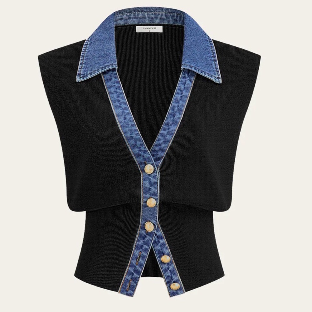 Commense Black Sweater with Denim Trim NWT